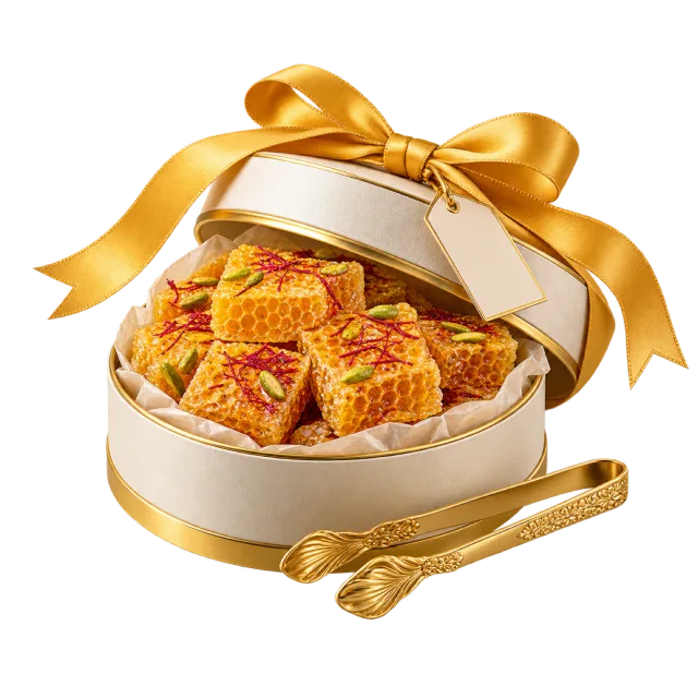 Cream round gift box filled with golden honeycomb-style sweets