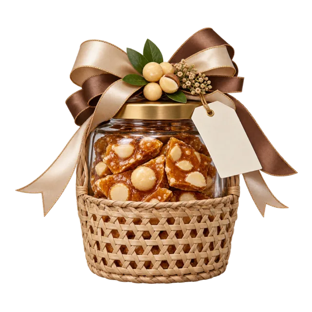 Clear nut brittle jar in a woven sleeve with a brown bow