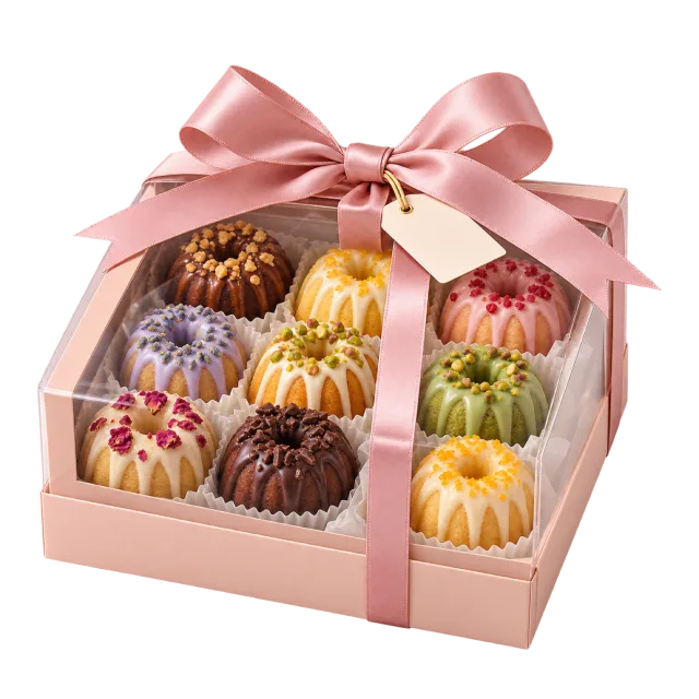 Pink windowed box holding colorful miniature ring cakes