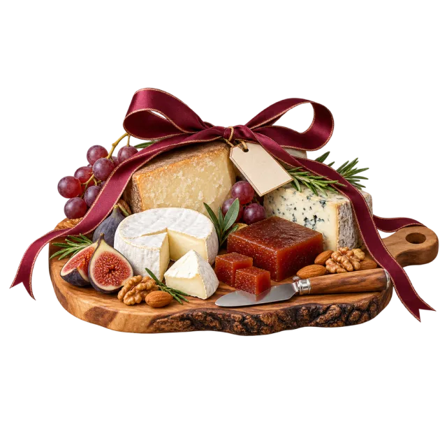 Ribboned wooden board with cheeses, fruit and crackers