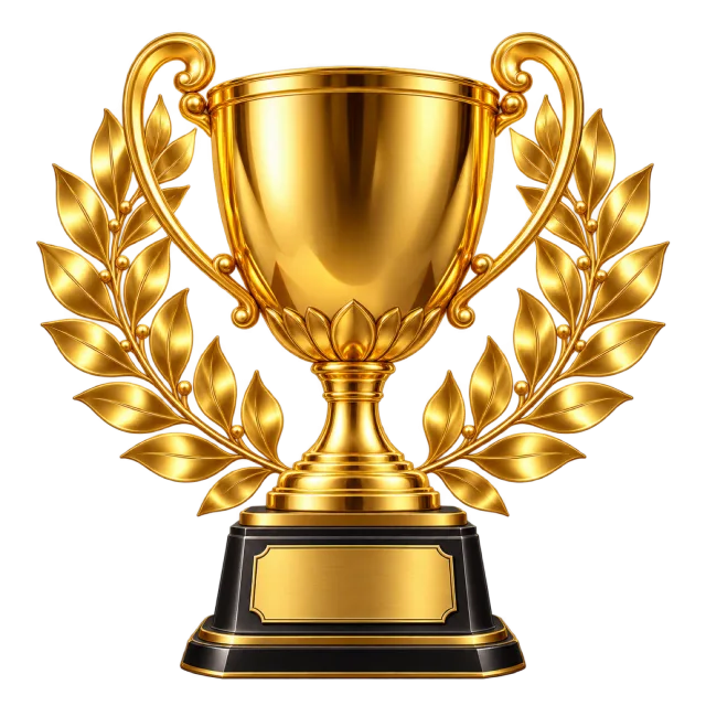 A golden handled trophy framed by laurel leaves on a black pedestal