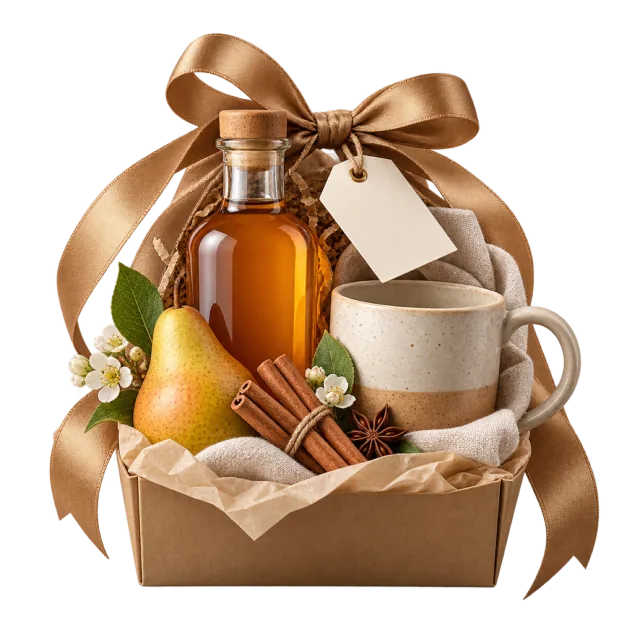 Amber-colored syrup bottle and cream cup in a ribboned gift tray