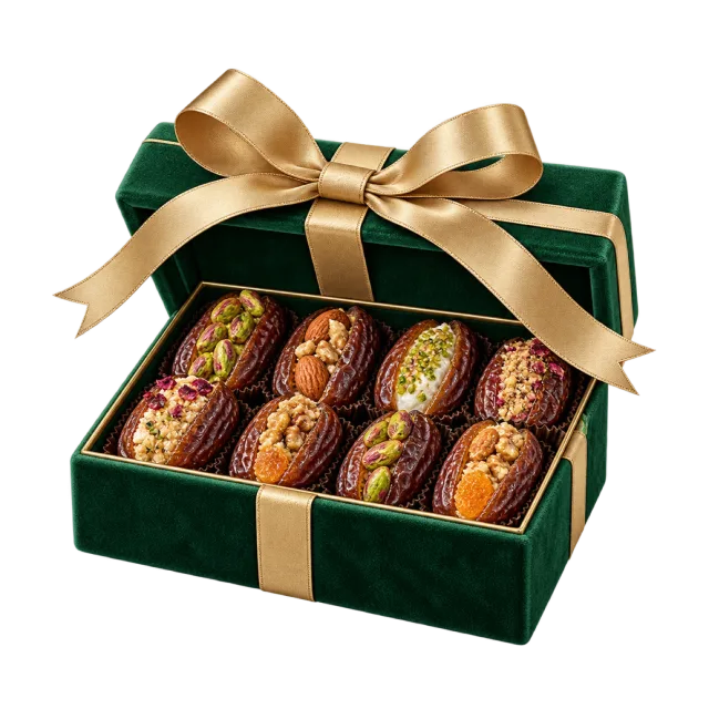 Green presentation box with rows of stuffed dates