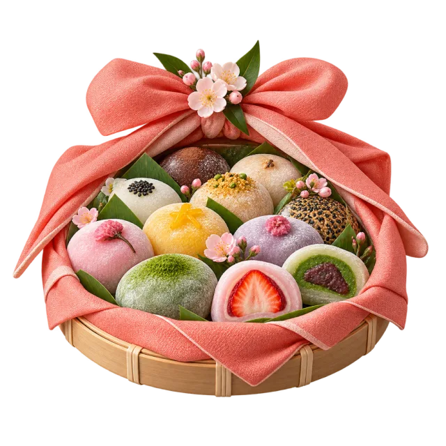 Colorful mochi arranged in a coral cloth-lined tray