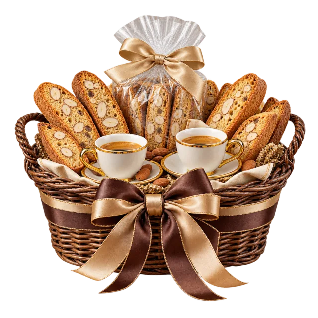 Basket of almond biscotti with two small coffee cups