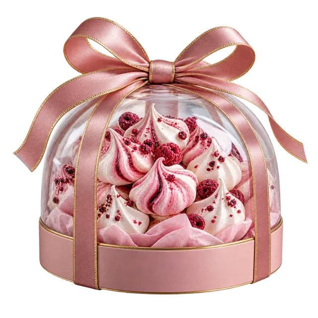Clear domed box filled with pink and white meringues