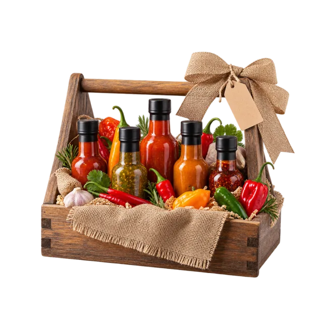 Wooden caddy holding small colorful chili sauce bottles