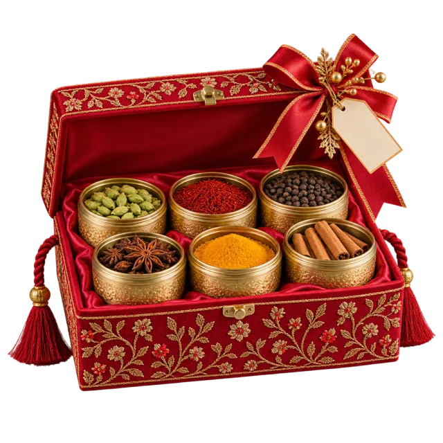 Red embroidered case with round spice tins and cinnamon sticks