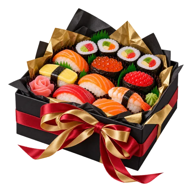 Black presentation box filled with colorful sushi-shaped sweets