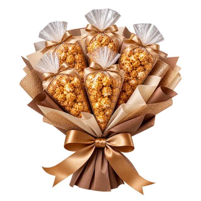 Wrapped cones of caramel popcorn arranged as a bouquet