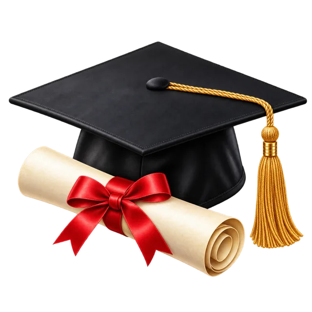 A black graduation cap with gold tassel beside a rolled diploma tied in red