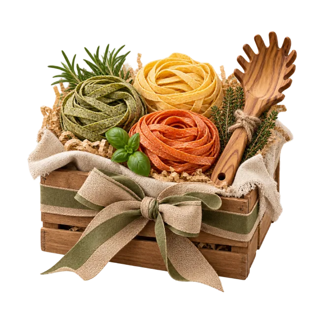 Wooden crate of colorful pasta nests with a wooden pasta fork