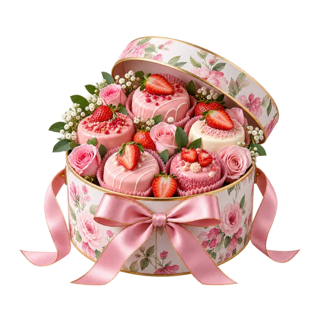 Floral round box filled with small pink frosted cakes