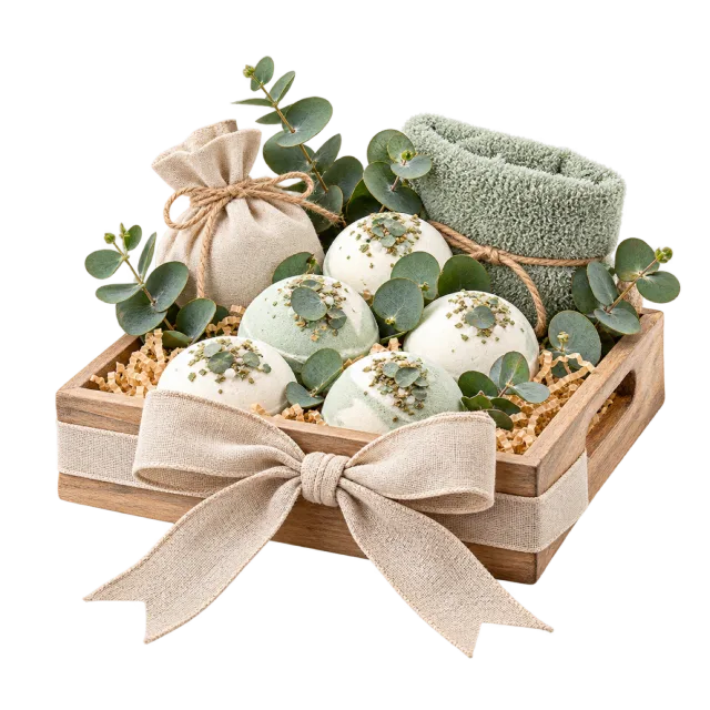 Wooden spa tray with pale round steamers, towels and eucalyptus