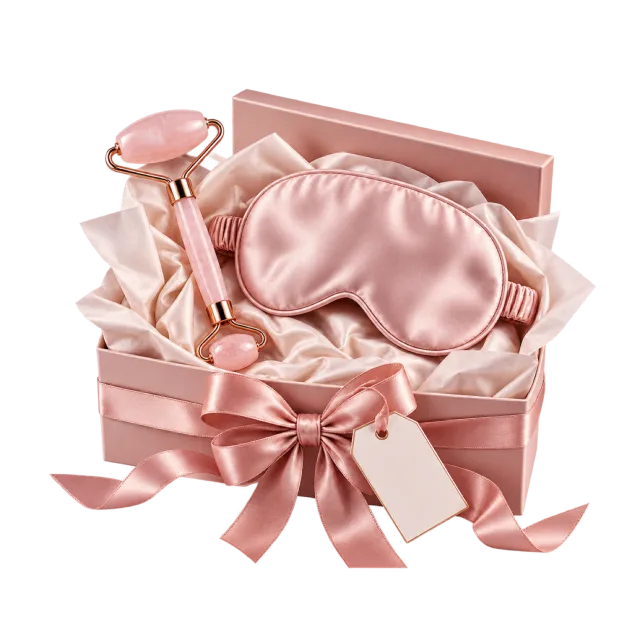 Pink gift box with a face roller and matching sleep mask