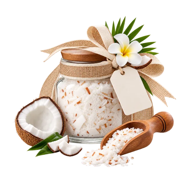 Clear jar of pale bath flakes with a wooden scoop and coconut half