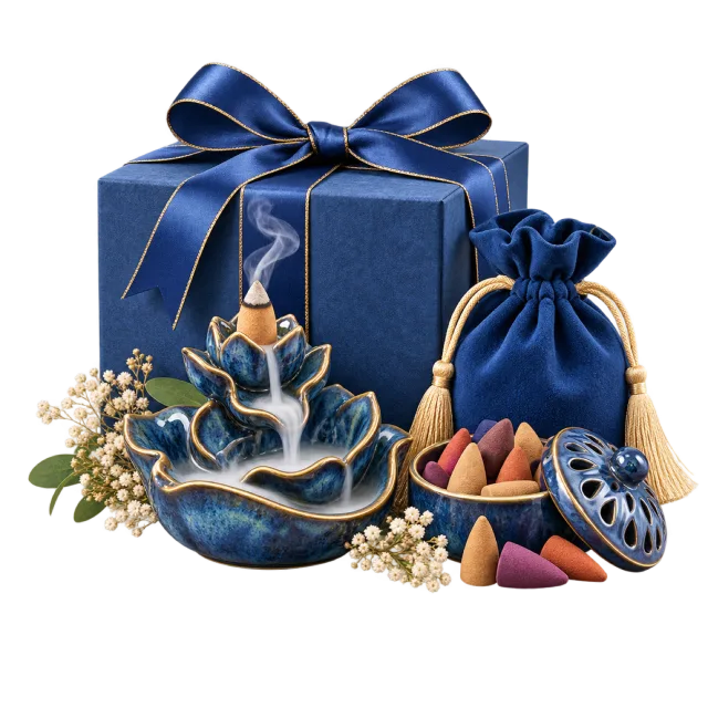 Blue gift arrangement with a decorative incense holder and colorful cones