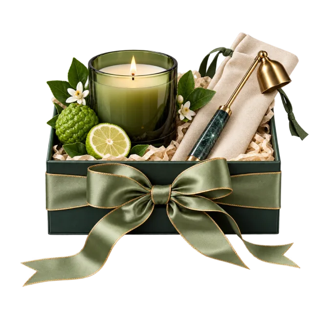Green gift box containing a lit candle and a long-handled snuffer
