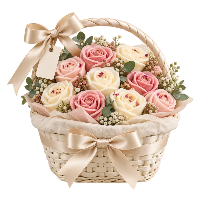 Cream basket filled with pink and ivory rose-shaped soaps