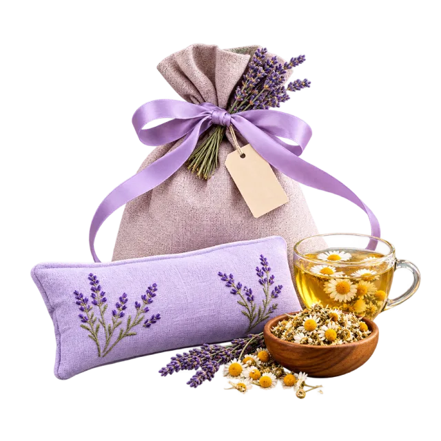 Lavender gift pouch with a patterned eye pillow and a glass cup of tea