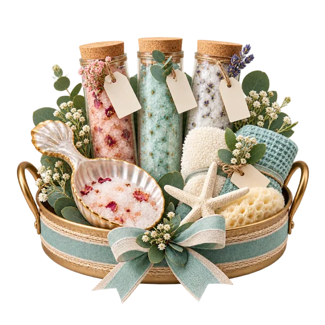 Round spa tray with bath salt tubes, a shell-shaped spoon and a cloth