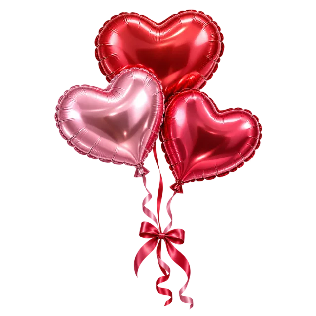 Three shiny red and pink heart-shaped balloons with curling ribbons