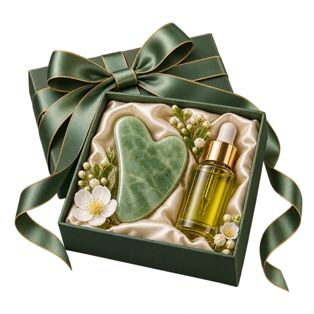 Green presentation box with a green face tool and an oil bottle