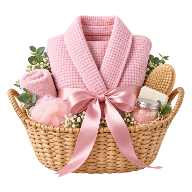 Woven spa basket holding a folded pink robe and bath accessories