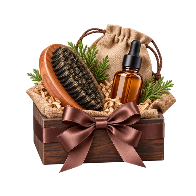 Brown grooming gift box with a wooden brush and amber bottle