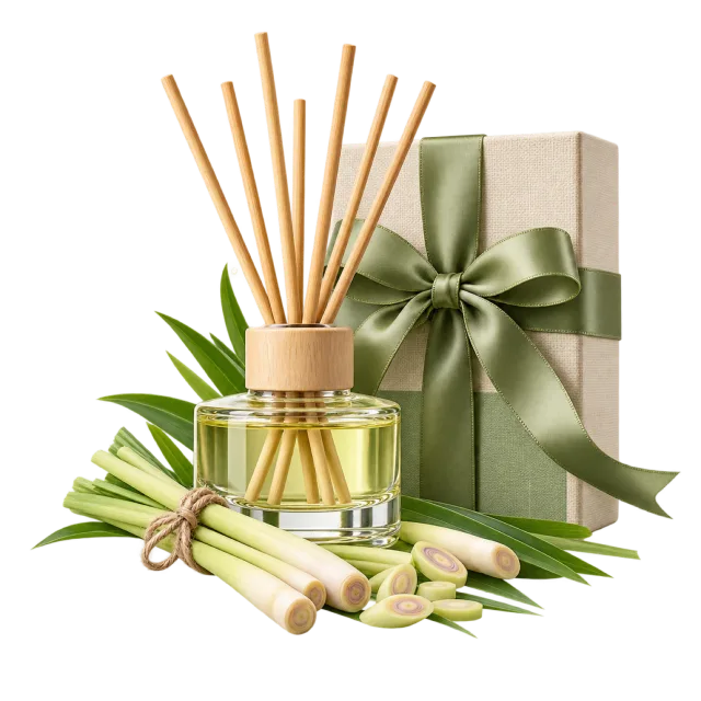 Glass reed diffuser beside a green ribboned box and pale green stalks
