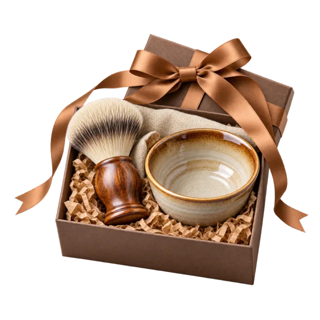 Brown gift box containing a shaving brush and ceramic bowl