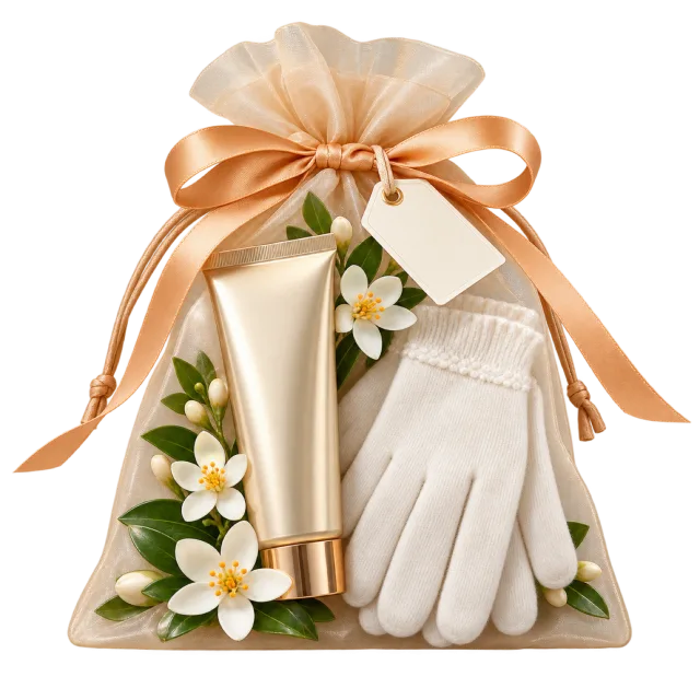 Sheer orange-ribboned pouch containing a cream tube and white gloves