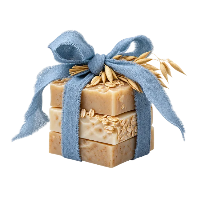 Three pale soap bars tied with a blue fabric bow
