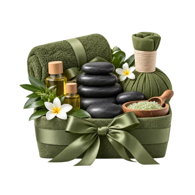 Green spa tray with smooth black stones, rolled cloths and small bottles