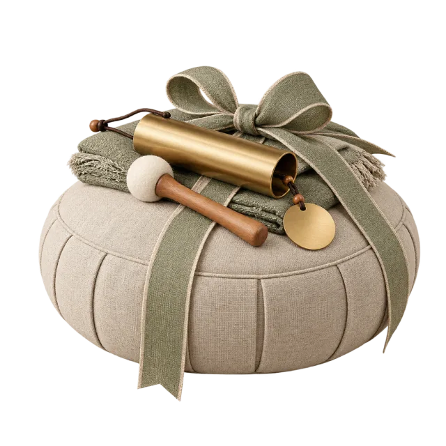 Round beige cushion with a metallic chime and wooden striker