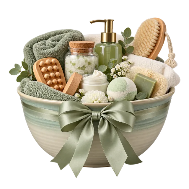 Pale green bowl filled with towels, brushes and bath products