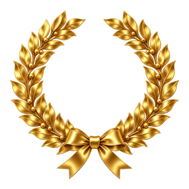 Two curved gold laurel branches joined by a small gold bow at the base