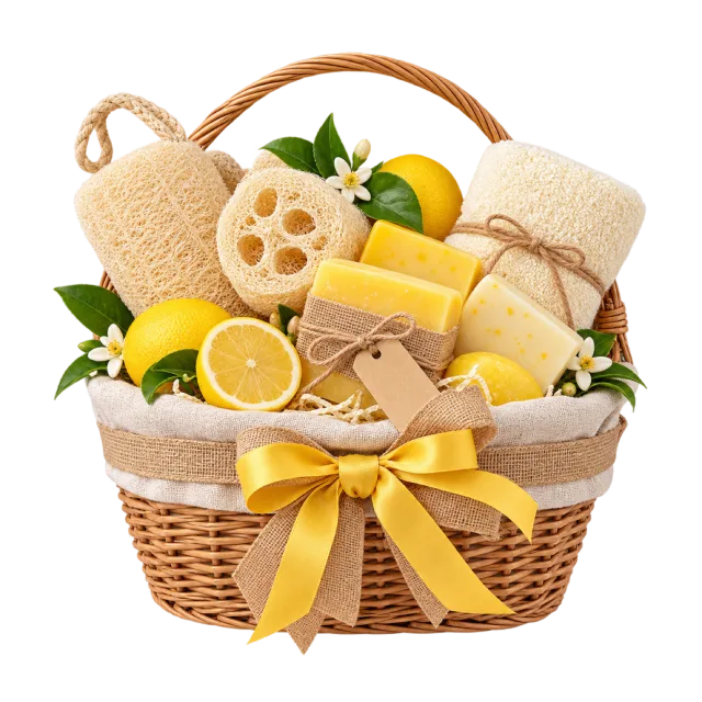 Woven basket of yellow soaps, loofah pieces and lemons