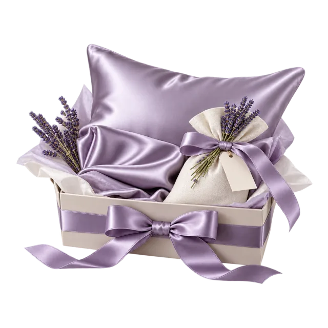 Lilac gift box with a glossy pillowcase and a lavender sachet