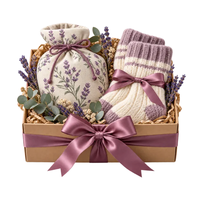 Gift box with a floral fabric heat pack and striped cozy socks