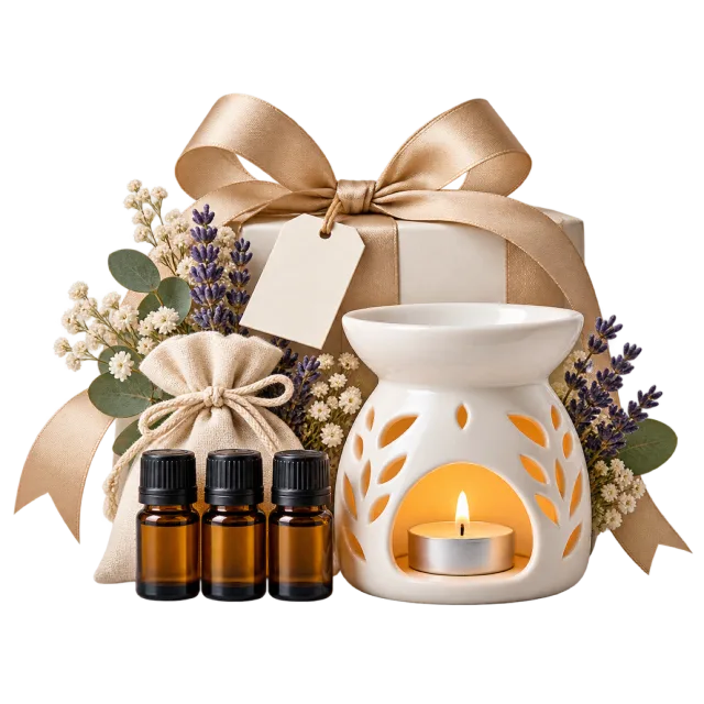 White ceramic oil burner with small dark bottles and lavender