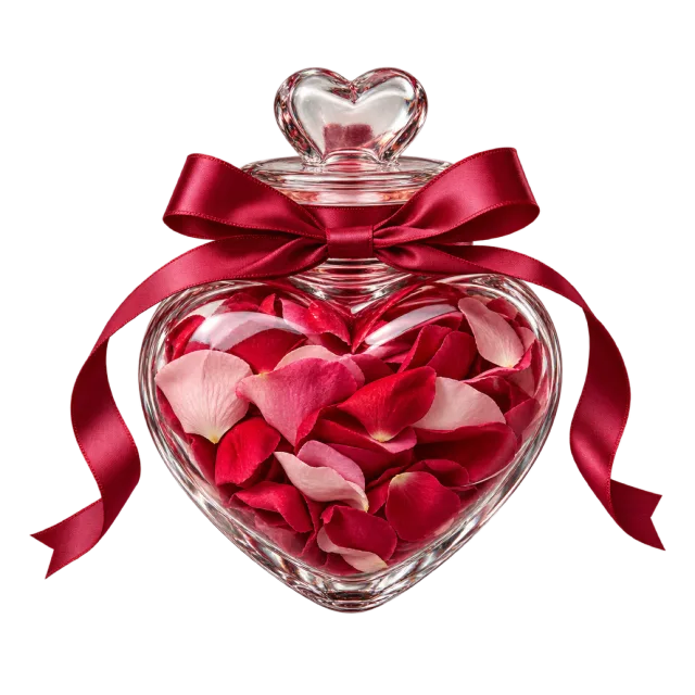 Heart-shaped glass jar filled with rose petals and a burgundy bow
