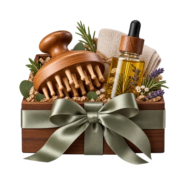 Gift box with a wooden scalp brush, oil bottle and folded cloth