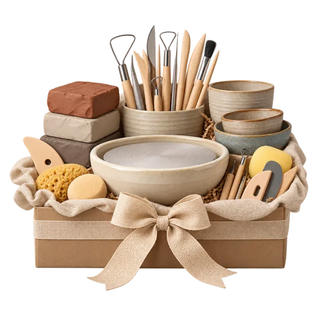 Pottery gift tray with clay blocks, bowls and sculpting tools
