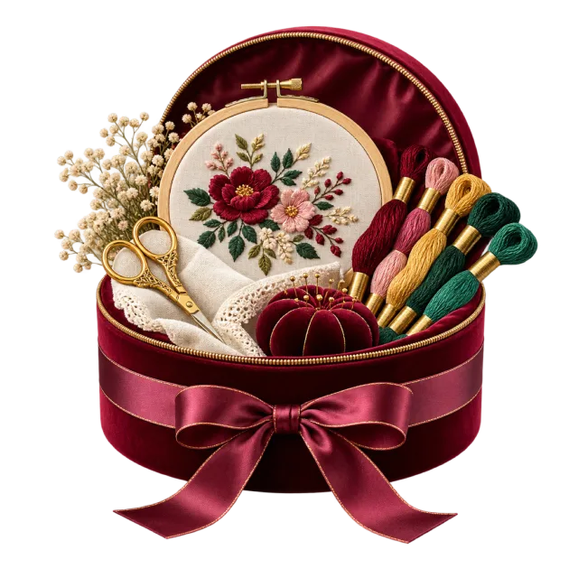 Round burgundy embroidery case with a floral hoop and colorful threads