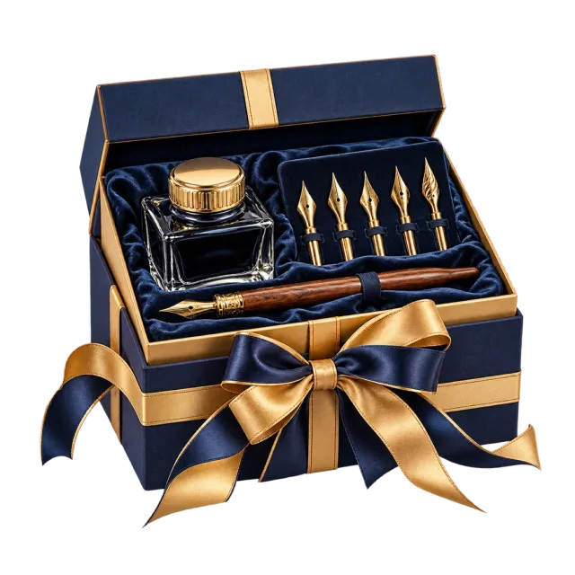 Navy presentation box with ink, a pen holder and rows of nibs