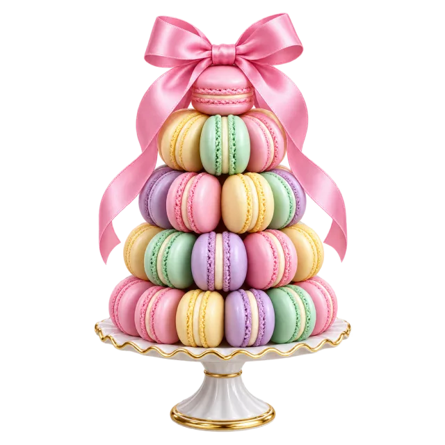 A cone-shaped stack of pastel macarons on a cake stand topped with a pink bow