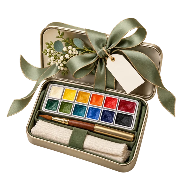 Small watercolor palette and brush in a ribboned travel tin