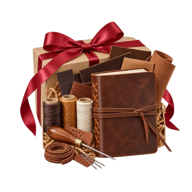 Journal-making kit with brown covers, thread spools and tools