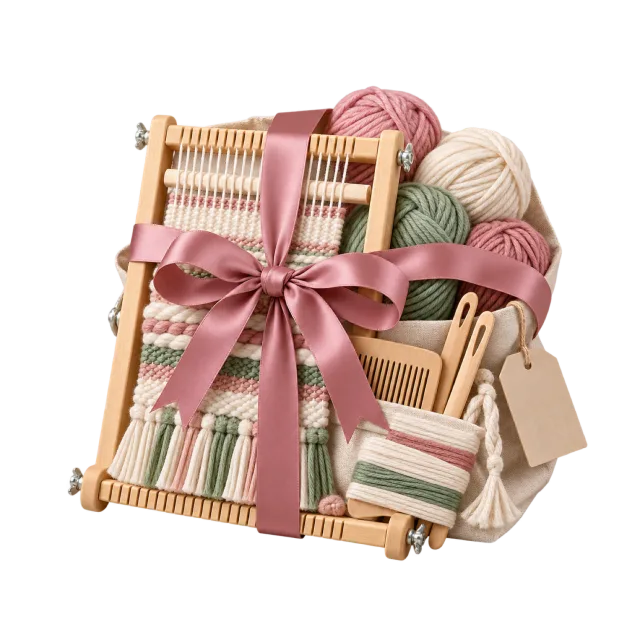Miniature wooden loom bundled with yarn and weaving accessories